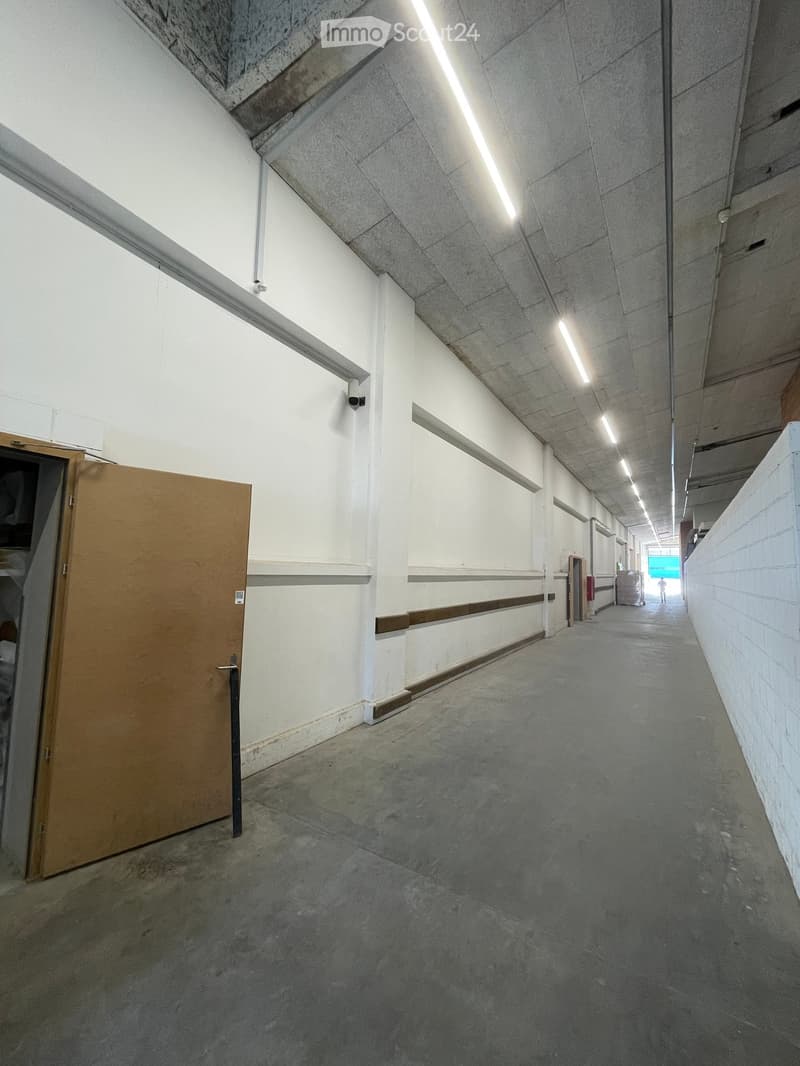 Empty concrete hallway with white walls, fluorescent lighting, and a wooden door on the left side.