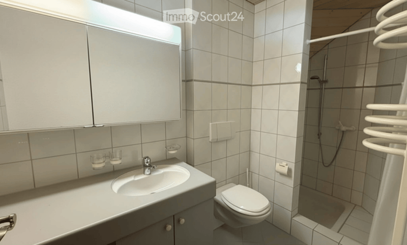 Modern bathroom with white tiles, a sink with a mirror, a toilet, and a shower area with a glass door.