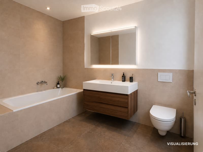 Modern bathroom with beige tiles, a bathtub, a sink with a wooden cabinet, a toilet, a large mirror with LED lighting, and decorative items on the sink.