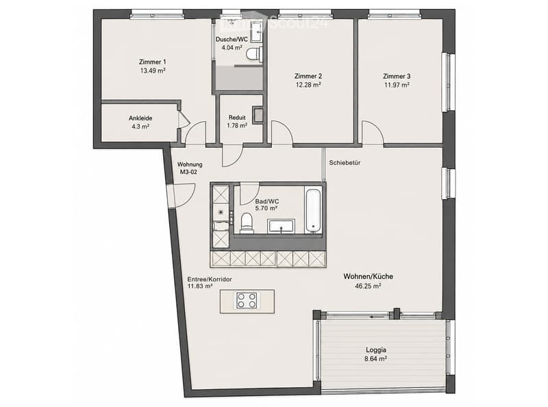 Floor plan of a 3-room apartment with a living/kitchen area, three bedrooms, two bathrooms, a hallway, and a loggia.