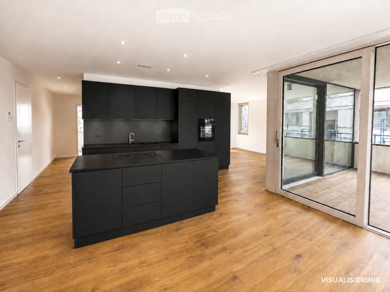 Modern kitchen with black cabinets, wooden flooring, and a central island with an induction cooktop. Features a sink with a faucet, built-in oven, and large glass sliding doors leading to a balcony.