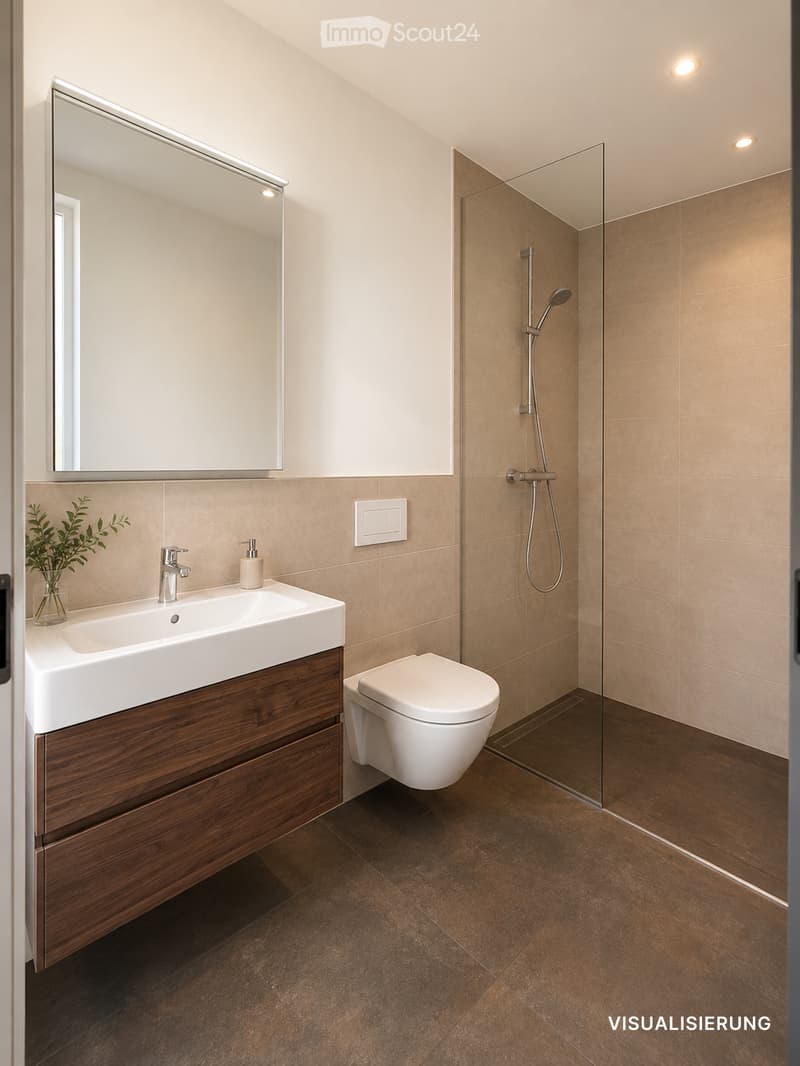 Modern bathroom with a large mirror, a wooden vanity with a sink, a toilet, a glass-enclosed shower, and a small plant on the vanity.