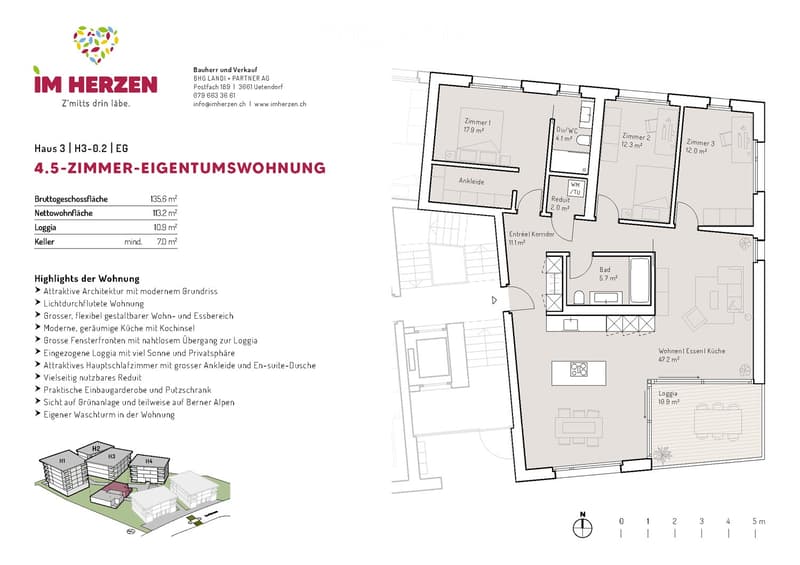 Floor plan of a 4.5-room apartment with living room, kitchen, 3 bedrooms, 2 bathrooms, entrance corridor, hallway, and loggia.