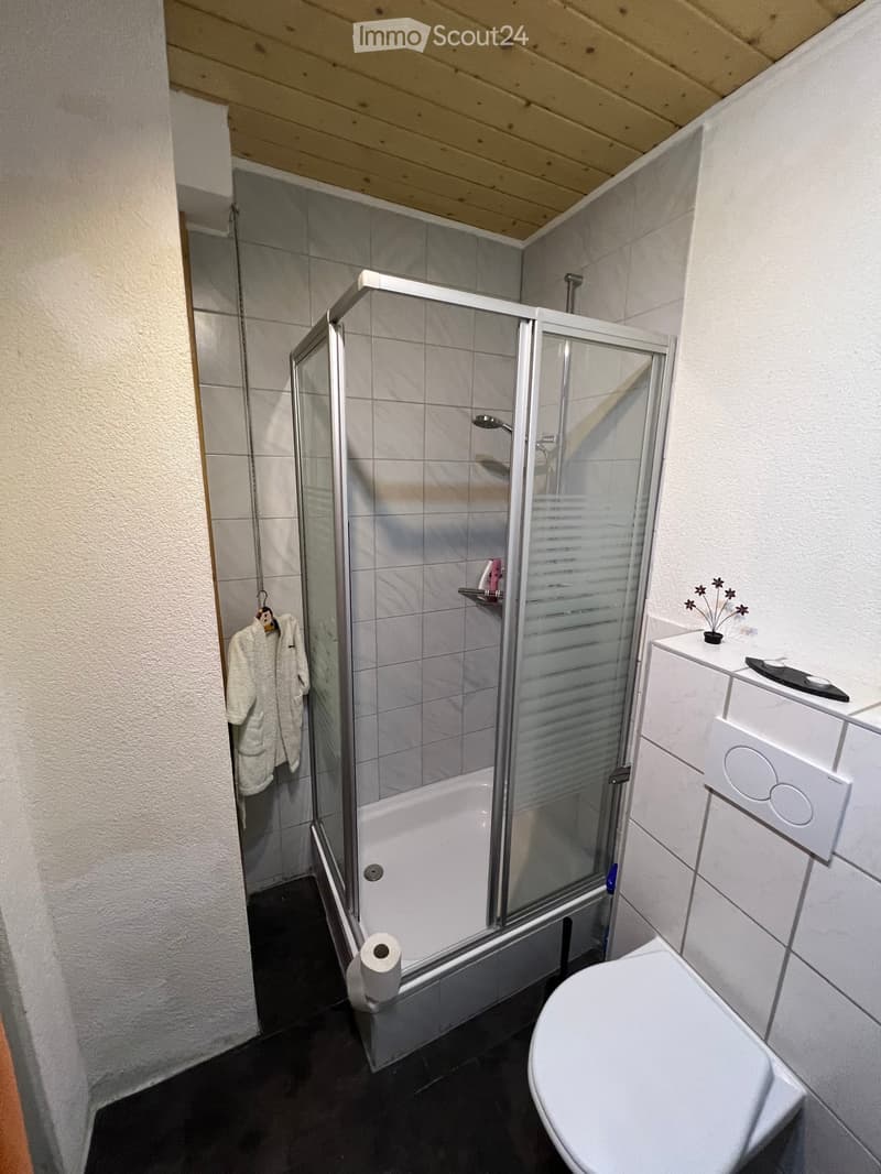 Modern bathroom with a white tiled shower enclosure, a toilet, a towel hanging on the wall, and a small cabinet with a flower on top.