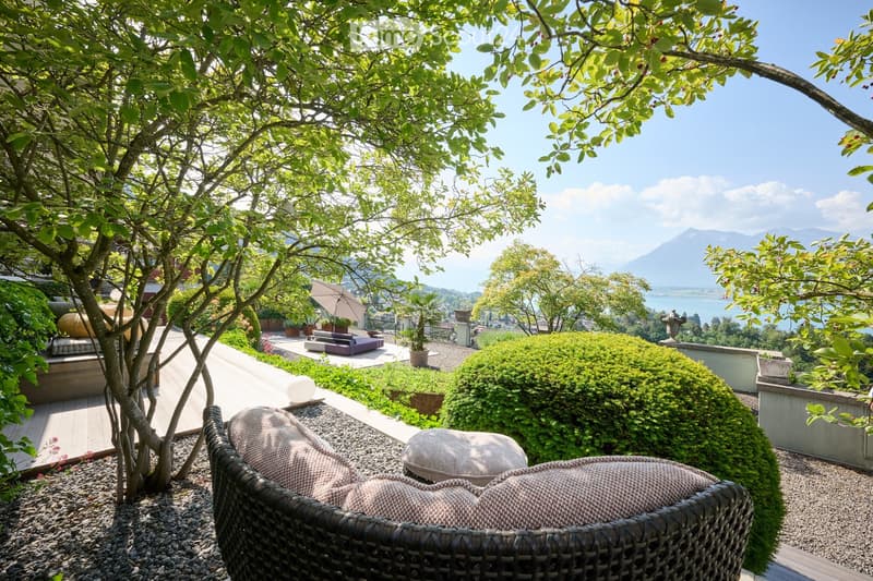 A serene garden with a view of a lake and mountains, featuring a wicker chair, a small pathway, and various plants and trees.