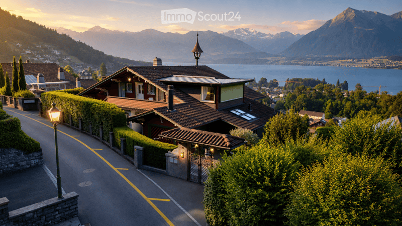 A picturesque house with a brown tiled roof and white walls, situated on a hillside overlooking a serene lake and distant mountains. The house features a well-maintained garden with trimmed hedges and a gated entrance.