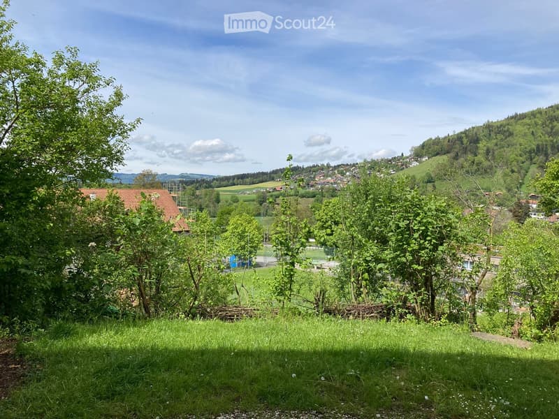 A lush green garden with trees and shrubs, overlooking a picturesque village with houses and rolling hills in the background.