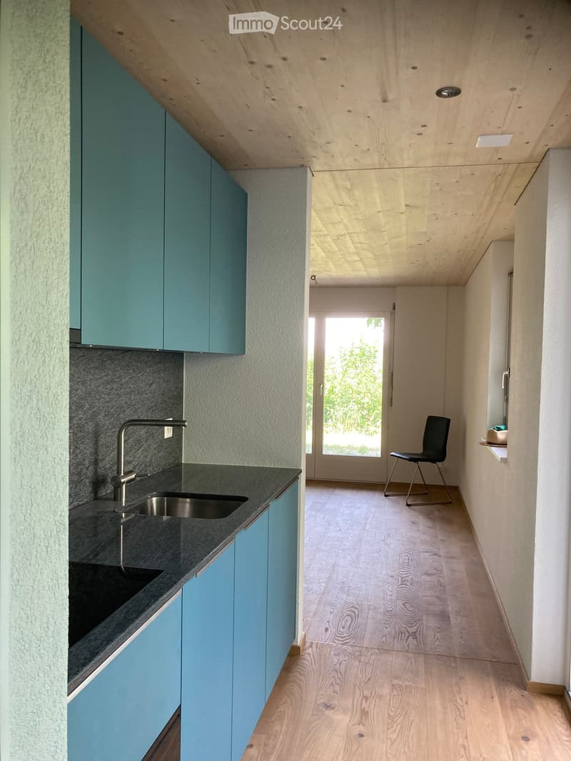 Modern kitchen with light blue cabinets, dark countertop, and a sleek faucet. A hallway with wooden flooring leads to a door opening to a bright outdoor area.