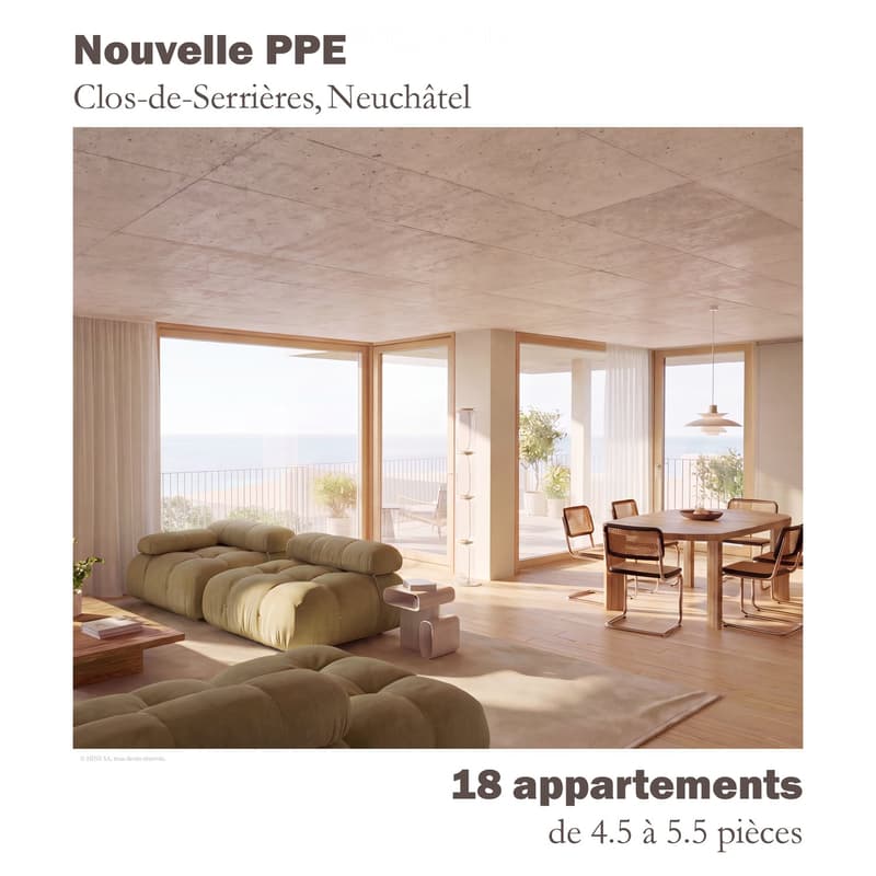 Modern living and dining area with a large sectional sofa, coffee table, dining table with chairs, floor lamp, and potted plants. Large windows offer a view of the balcony and outdoor area.