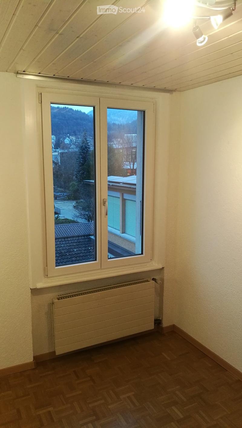 Empty room with white walls, radiator, large window with view, wooden floor