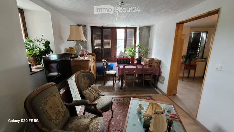 A furnished room with a mix of living and dining areas. Features include a patterned sofa, a glass coffee table with a lamp, a dining table with chairs, a television, and several potted plants. The space is well-lit with natural light coming through large