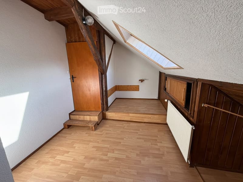 Empty hallway with wooden flooring, white walls, and a skylight at the far end. Features a wooden door on the left and built-in wooden cabinets on the right.