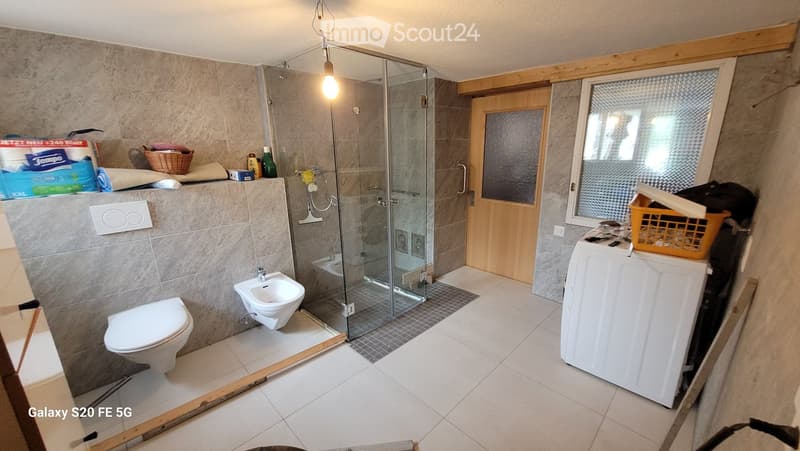 Bathroom with a toilet, bidet, glass-enclosed shower, washing machine, and various items on the counter including a basket and toiletries.