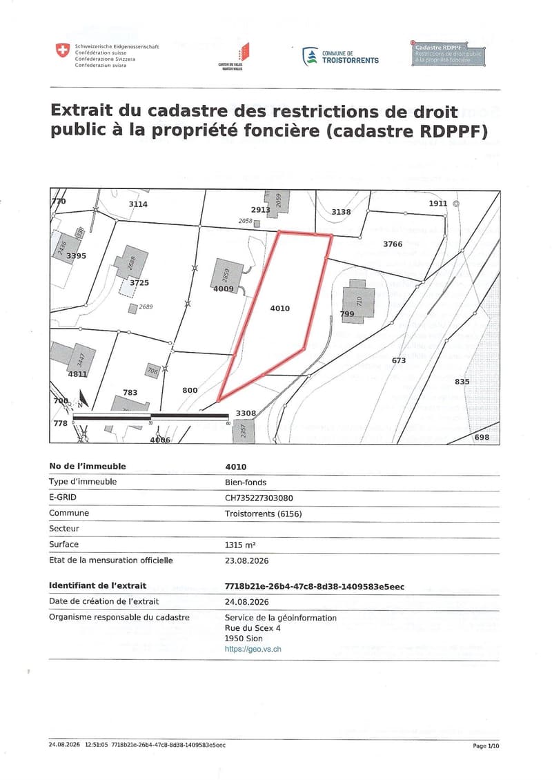 Property plot map showing boundaries, parcel numbers, and land details for property number 4010 in Troistorrents, Switzerland.