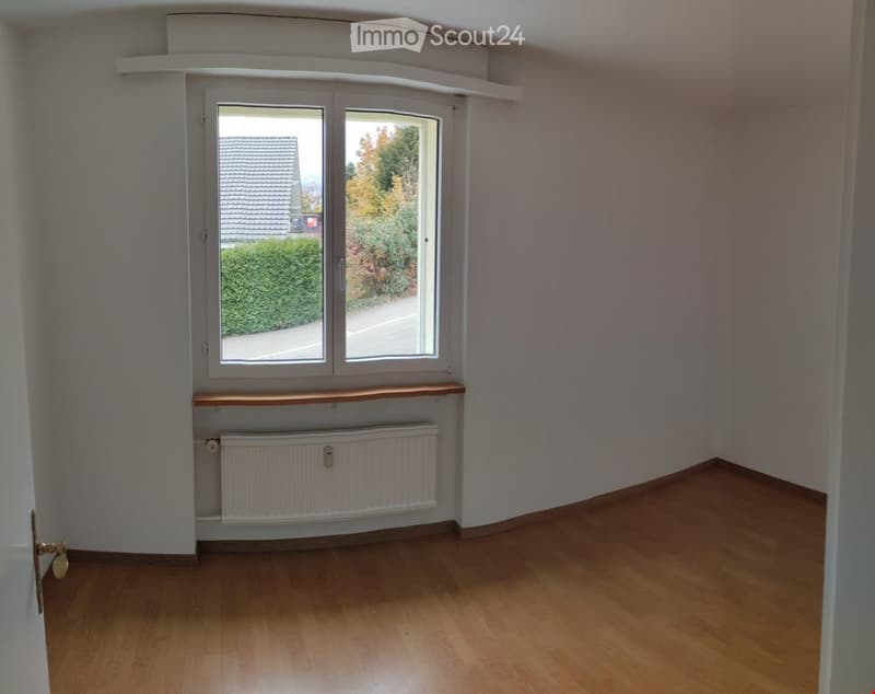 Empty room with wooden flooring, white walls, large window with view of garden, radiator, and built-in shelf above window.