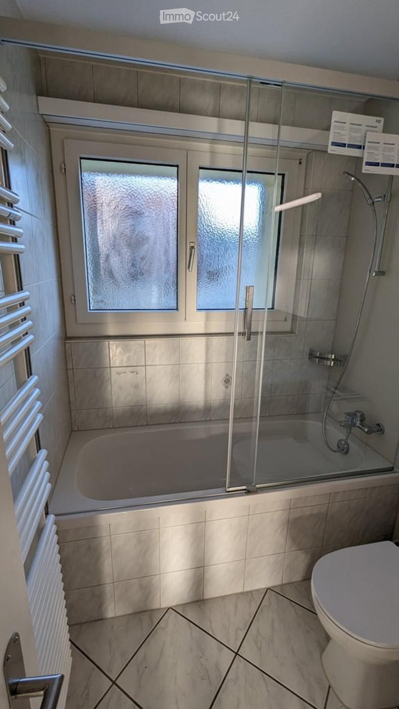 Modern bathroom with a bathtub, toilet, glass-enclosed shower, and a radiator on the wall.