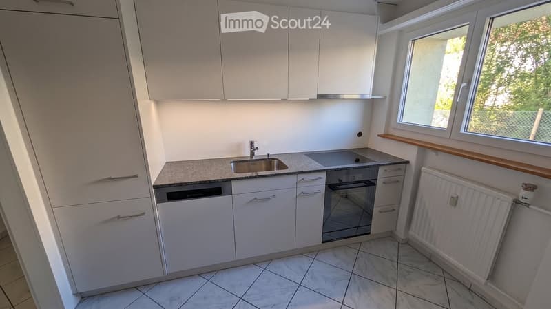 Modern kitchen with white cabinets, granite countertop, stainless steel sink, dishwasher, and radiator.