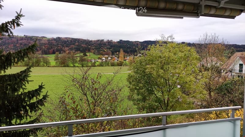 Balcony overlooking a scenic countryside with green fields, scattered houses, and distant hills under a cloudy sky.
