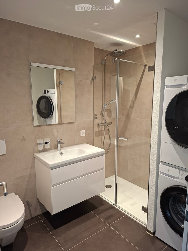 Modern bathroom with a toilet, sink, mirror, glass-enclosed shower, and a private washing machine.