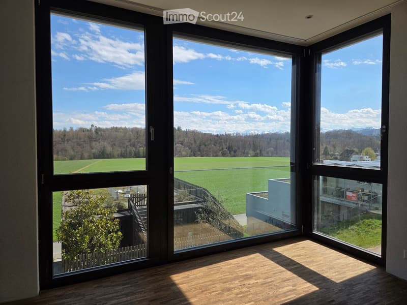 Bright, empty room with large windows offering a scenic view of a green field, trees, and distant mountains. The floor is wooden, and the space is well-lit with natural light.