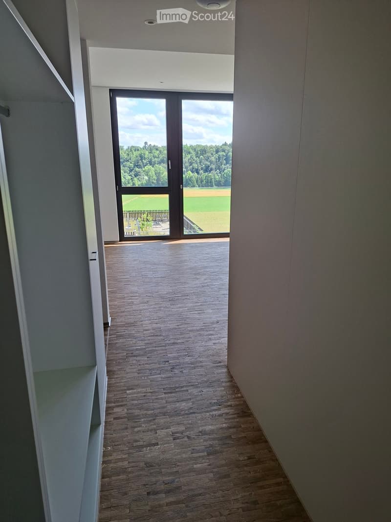 Modern hallway with wooden flooring, large glass door leading to outdoor area with view of greenery and field.
