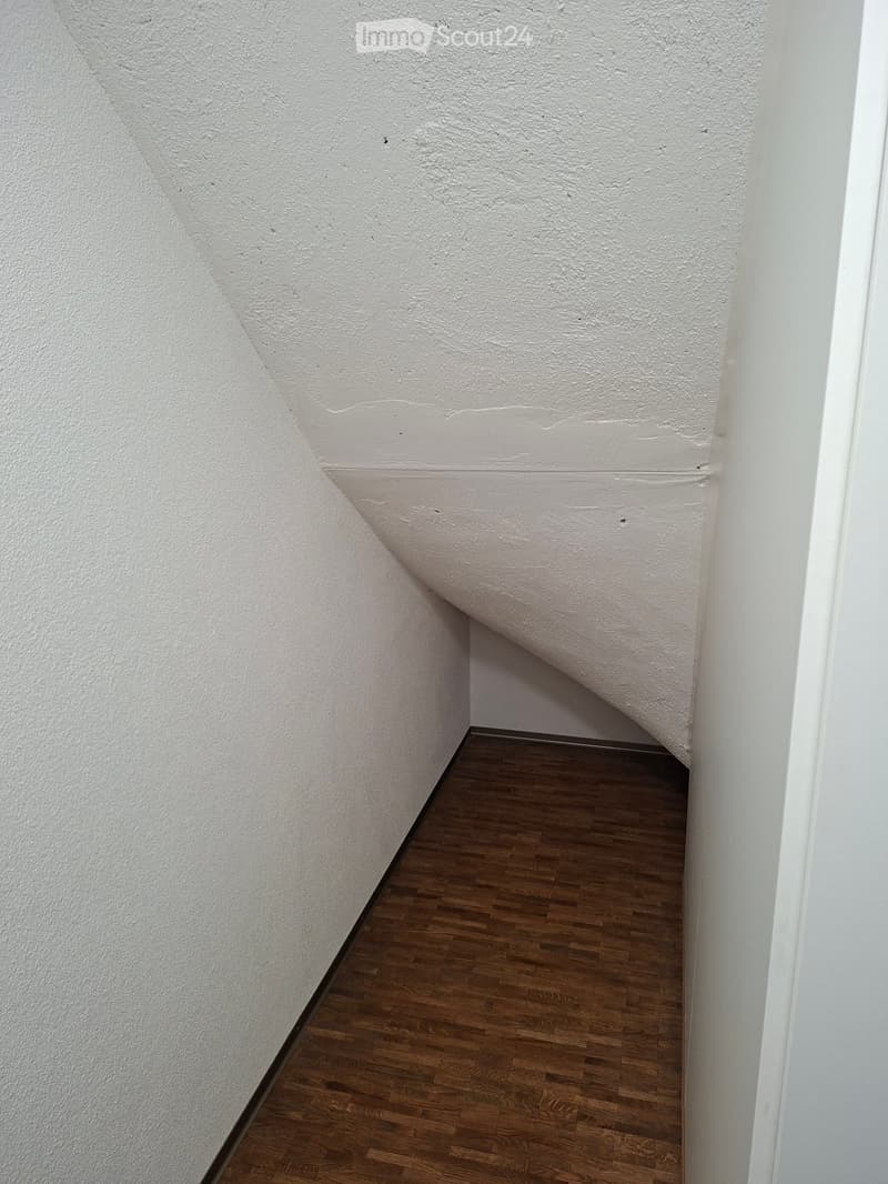 A narrow hallway with white walls and wooden flooring, featuring a slanted ceiling and a visible corner.