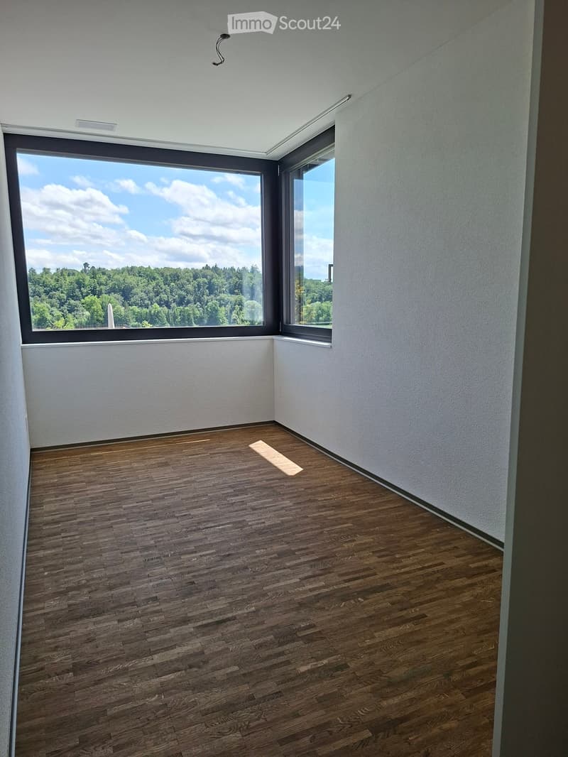 Empty room with wooden flooring, white walls, and large windows offering a view of a green landscape.