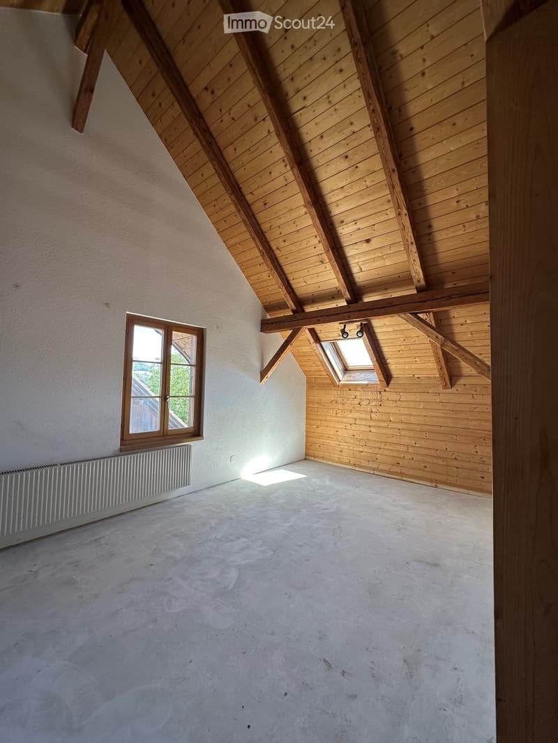 Empty attic space with wooden beams, exposed wooden ceiling, skylight window, and a single window with radiator below.