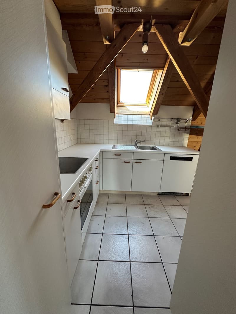 Modern kitchen with white cabinets, stainless steel oven, sink, and faucet. Exposed wooden beams and skylight above.