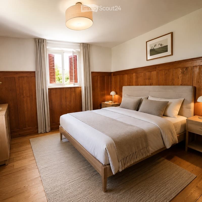 Cozy bedroom with wooden panel walls, a large bed with pillows and a blanket, nightstands with lamps, and a framed picture on the wall.