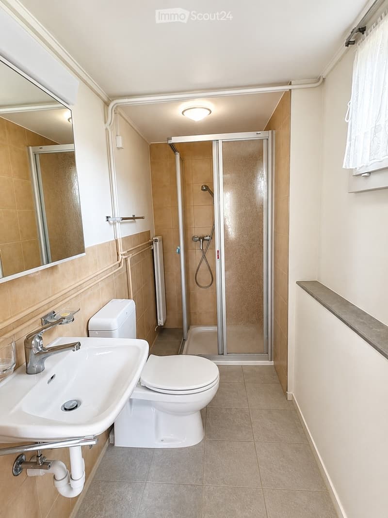 Modern bathroom with beige tiles, a white sink, toilet, mirror, and a glass-enclosed shower with a handheld showerhead.