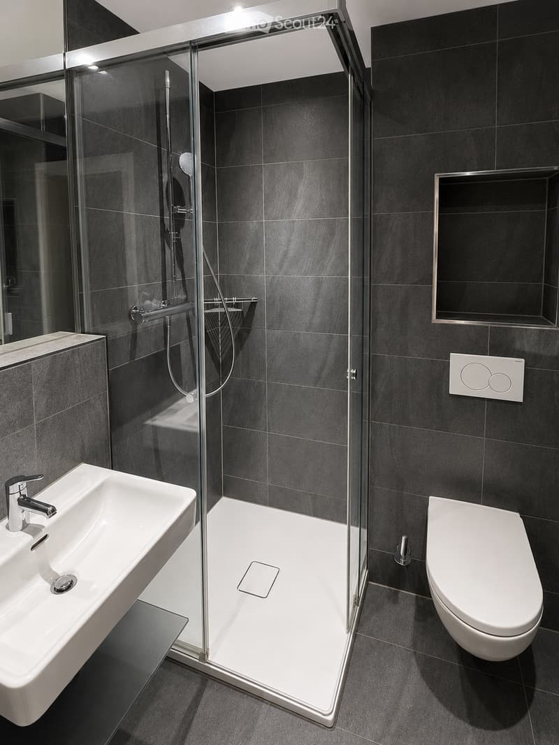 Modern bathroom with dark grey tiles, white sink, toilet, and glass-enclosed shower stall.