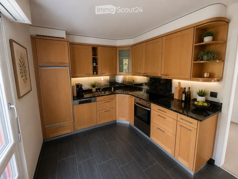Modern kitchen with light wooden cabinets, black countertops, stainless steel appliances, and a black tiled floor.