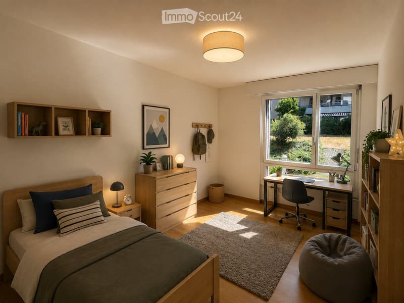 Cozy bedroom with a wooden bed, nightstand, desk, chair, shelves, and a beanie chair. The room features a large window with a view of greenery, a round ceiling light, and a soft rug on the floor.