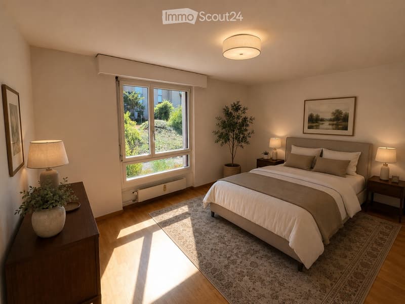 Modern bedroom with a large bed, nightstands, lamps, a table with a plant, and a large window with a view of greenery.