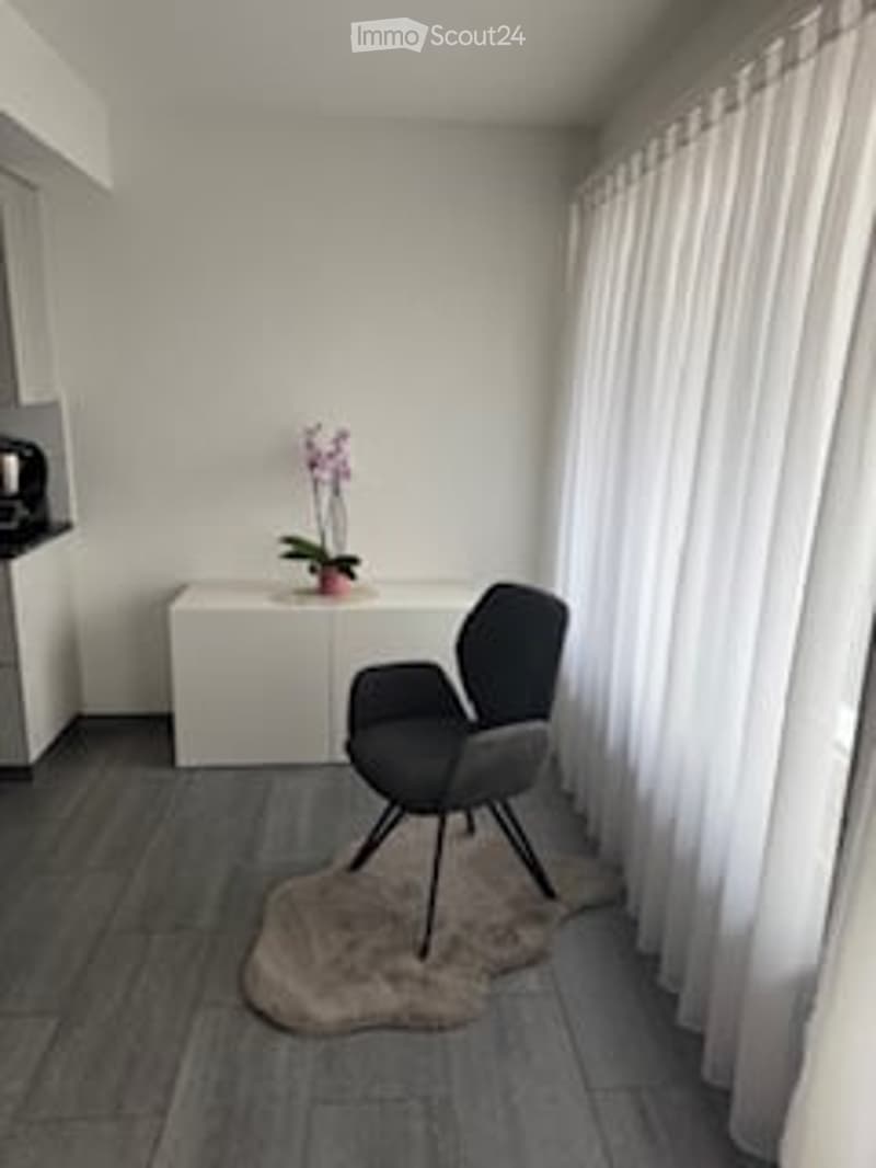 A modern, minimalist room with a grey chair, white console table, and a large window with white curtains. A small flower pot sits on the table, and a shaggy rug is placed on the dark grey tiled floor.