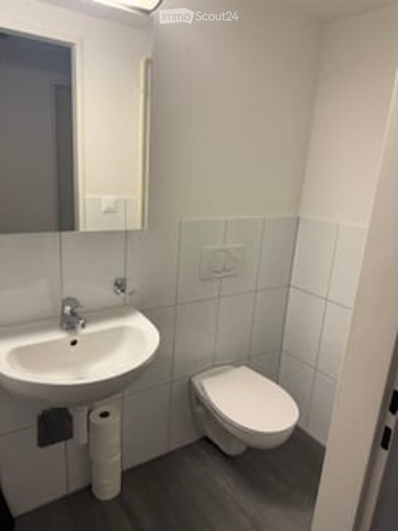 Modern bathroom with white tiles, a sink, a toilet, and a mirror above the sink. Toilet paper is placed next to the toilet.