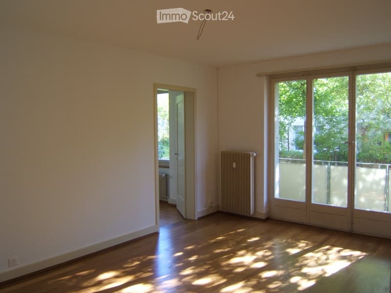 Empty room with wooden flooring, large sliding glass doors, and a radiator. No furniture or personal items are present.
