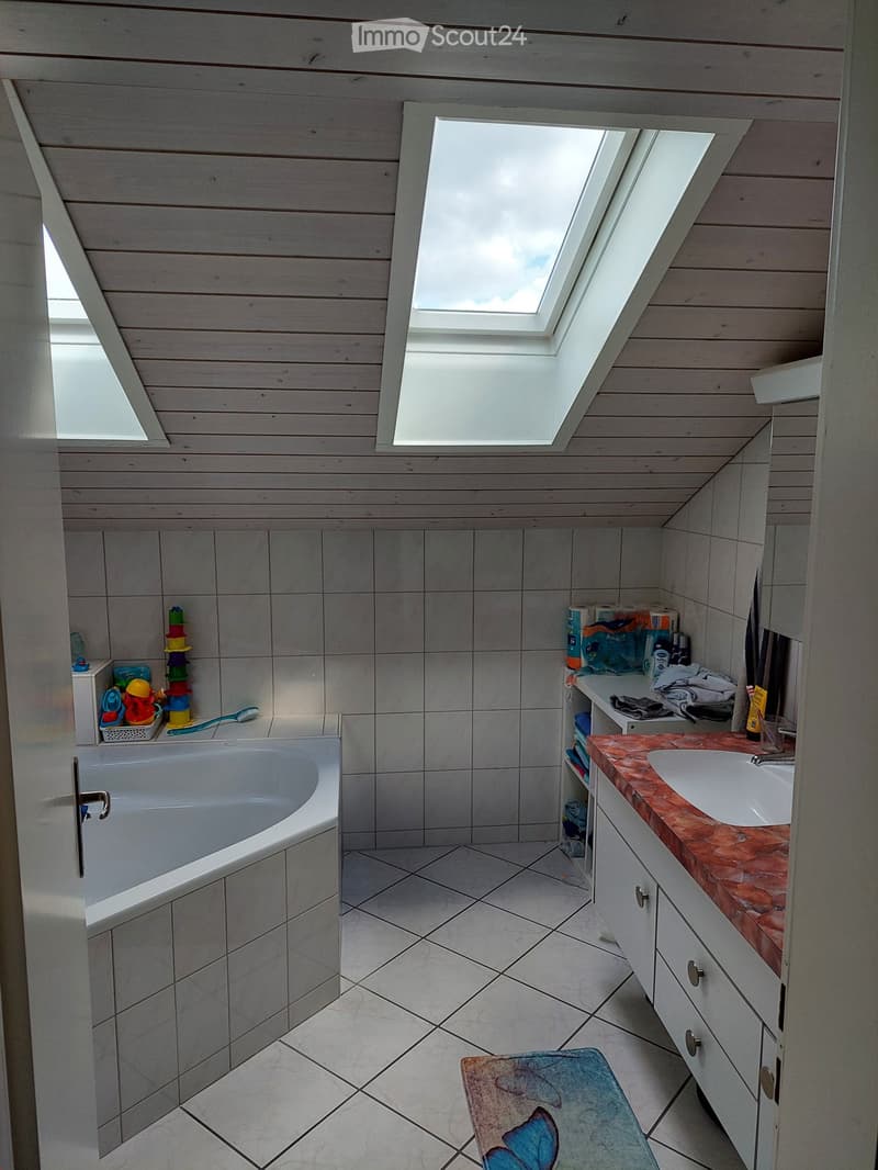 Bright, modern bathroom with a bathtub, sink, vanity cabinet, and a skylight window. The room features tiled walls and floor, and includes various toiletries and accessories on the vanity.