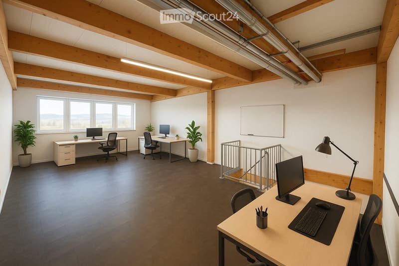 Modern office space with exposed wooden beams, large windows, multiple desks with chairs, computers, and office supplies.