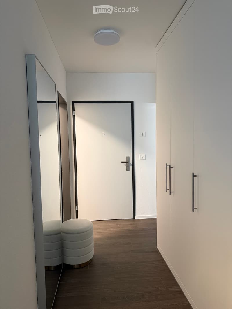 Modern hallway with wooden flooring, white walls, a closed door, and two grey stools near a mirrored cabinet.