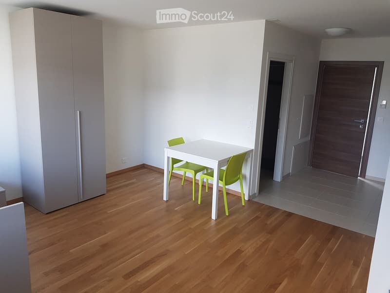 Bright, modern room with wooden flooring, white table, green chairs, and a large wardrobe.