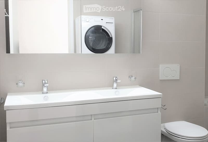 Modern bathroom with a white sink, faucet, toilet, washing machine, and a mirror above the sink.
