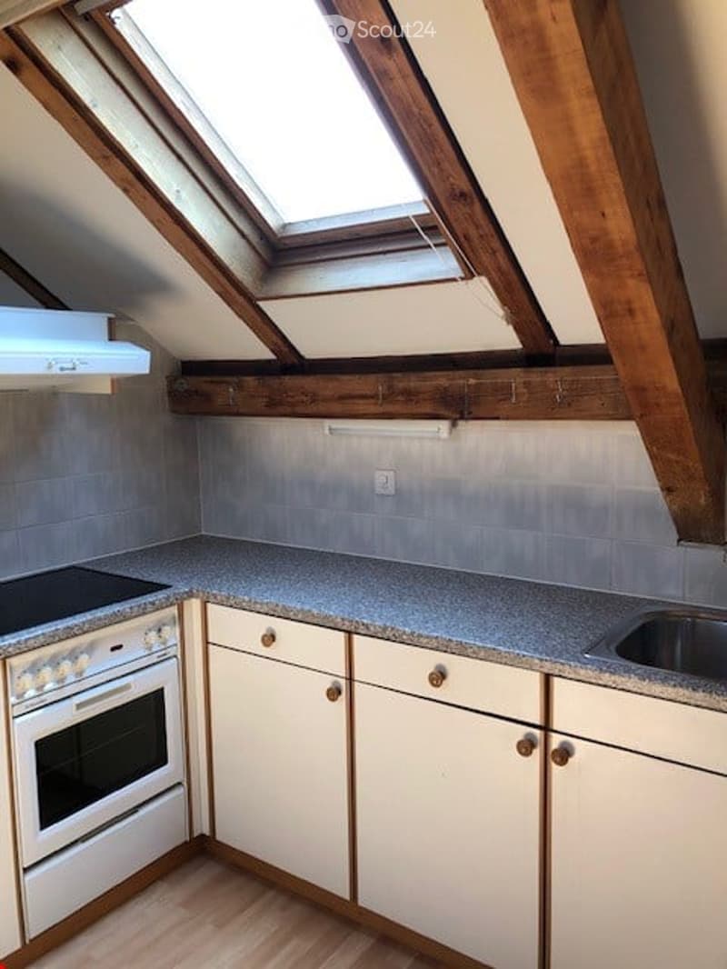 Modern kitchen with white cabinets, granite countertops, built-in oven, and a skylight window above the sink.