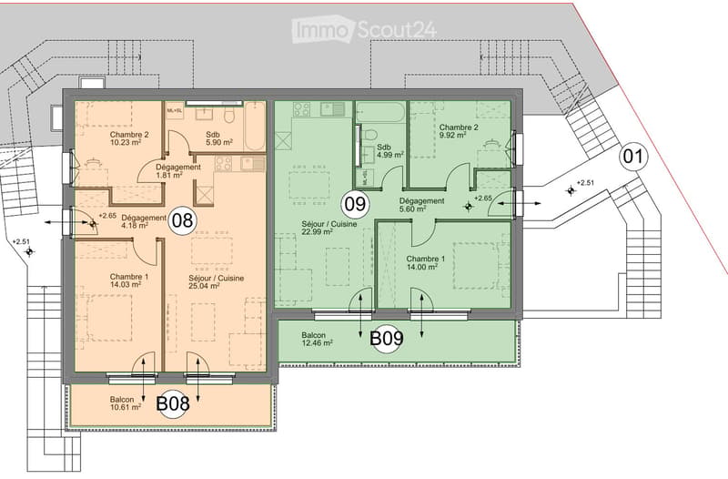 Floor plan of a two-bedroom apartment with living/dining area, kitchen, two bathrooms, and two balconies.