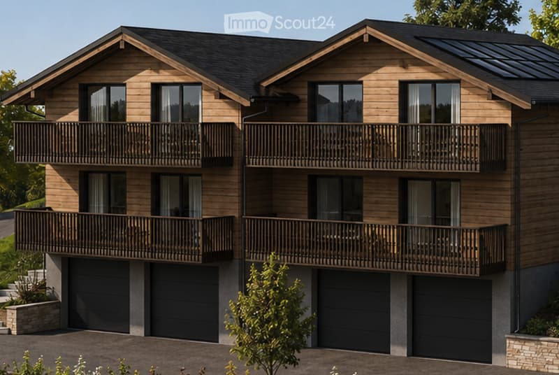 Two-story wooden house with multiple balconies, large windows, and a garage.