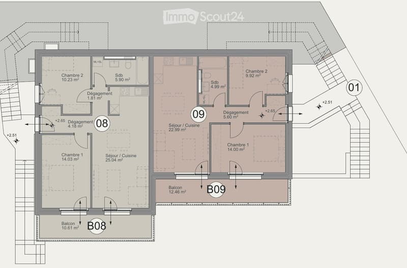 Floor plan showing a two-bedroom apartment with living/dining area, kitchen, two bathrooms, two balconies, and hallway.