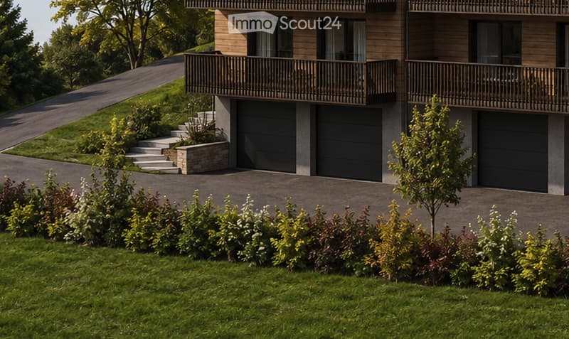 Modern two-story building with wooden balconies, garage, and landscaped garden.