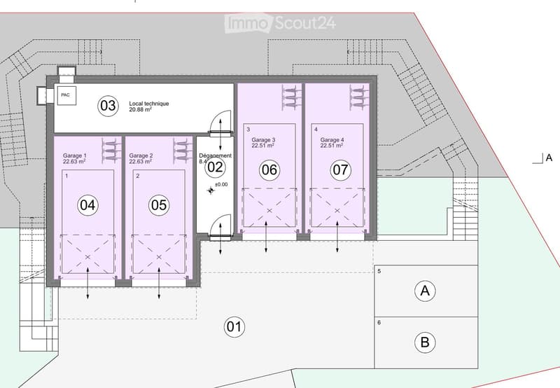 Floor plan showing four garages (labeled 04, 05, 06, 07) and a technical room (03), with labeled dimensions and a central access area (02).