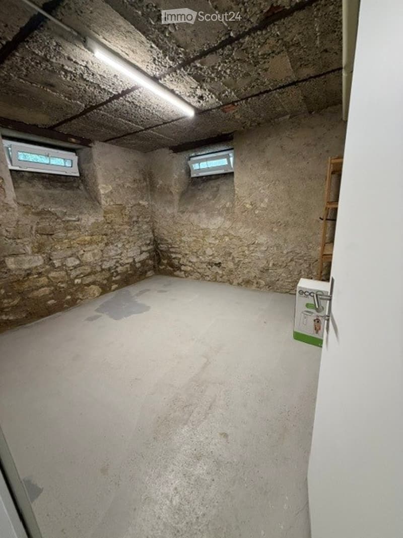 Empty room with exposed stone walls, concrete floor, and a single door. No furniture or equipment present.